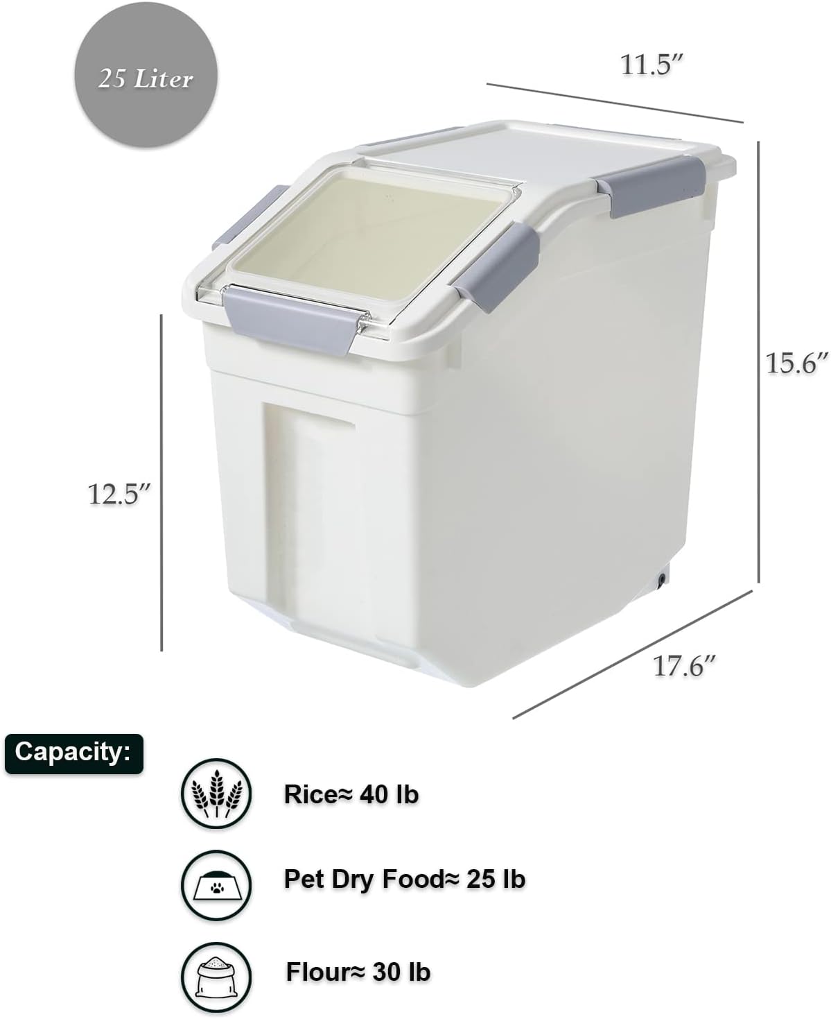 HANAMYA 25 Liter 40 lbs Rice Storage Container with Measuring Cup, BPA free, For Rice Grain Pet Food Flour, 2 count, White3