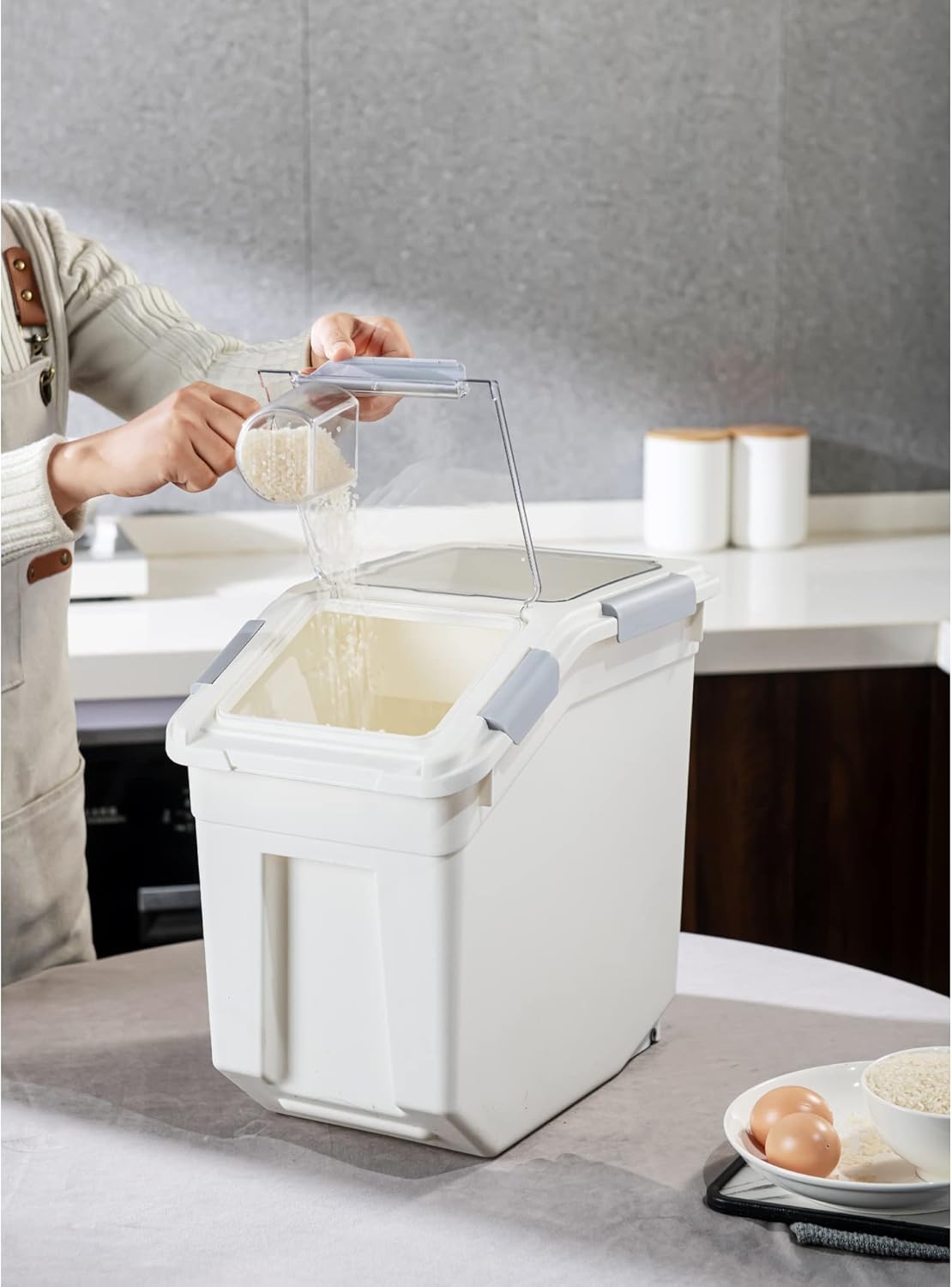 HANAMYA 25 Liter 40 lbs Rice Storage Container with Measuring Cup, BPA free, For Rice Grain Pet Food Flour, 2 count, White4