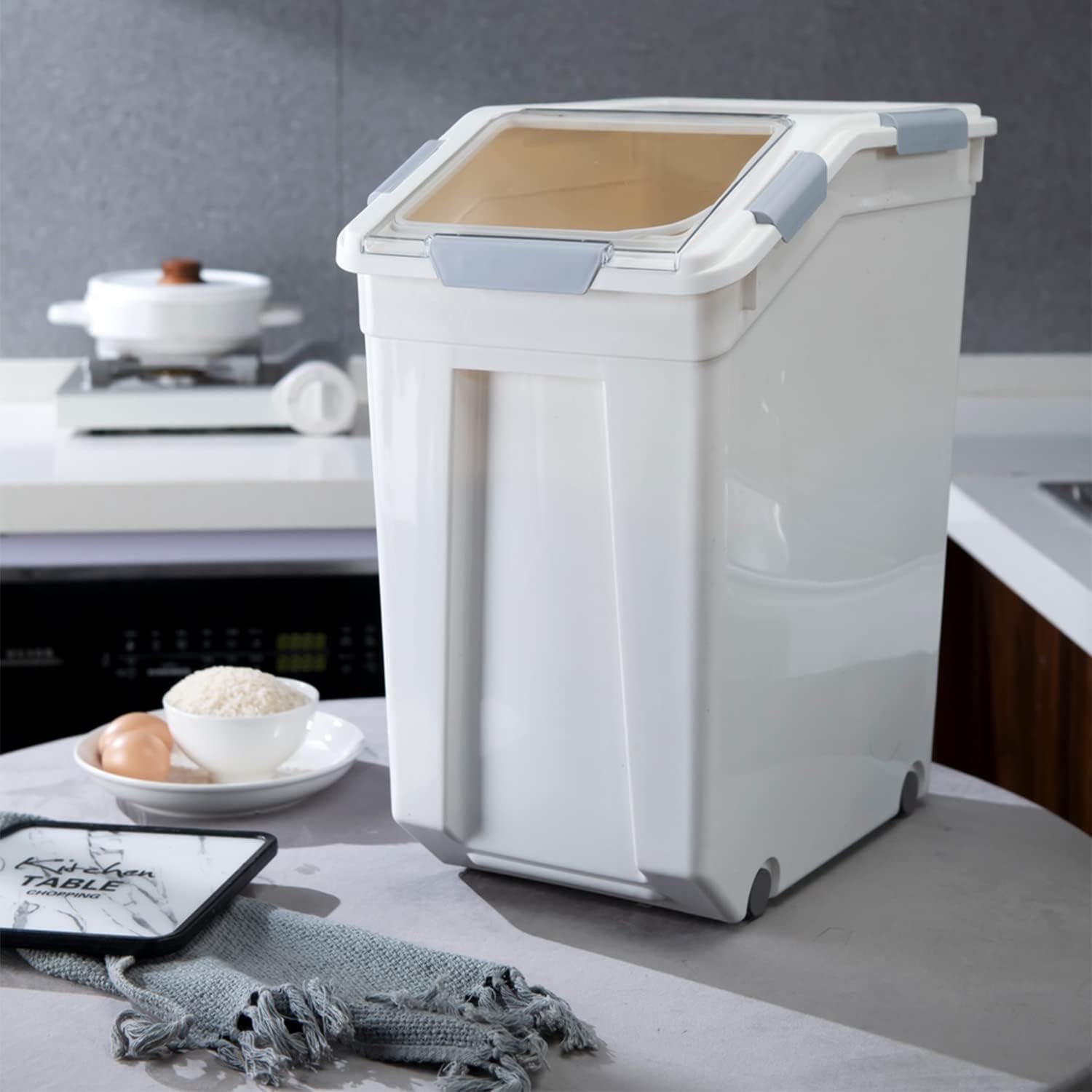 HANAMYA 33 Liter 50 lbs Rice Storage Container with Measuring Cup, BPA free, For Rice Grain Pet Food Flour, 1 count, White1