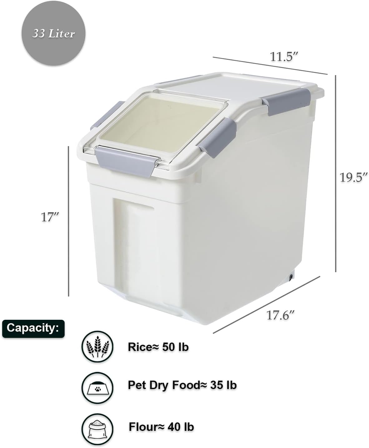 HANAMYA 33 Liter 50 lbs Rice Storage Container with Measuring Cup, BPA free, For Rice Grain Pet Food Flour, 2 count, White3