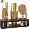 Highball & Chaser Bartender Kit with Black Bamboo Stand Beautiful Cocktail Shaker Set and Bar Tools Stainless Steel Boston Shaker Bartender Kit with Stand (Antique Gold)