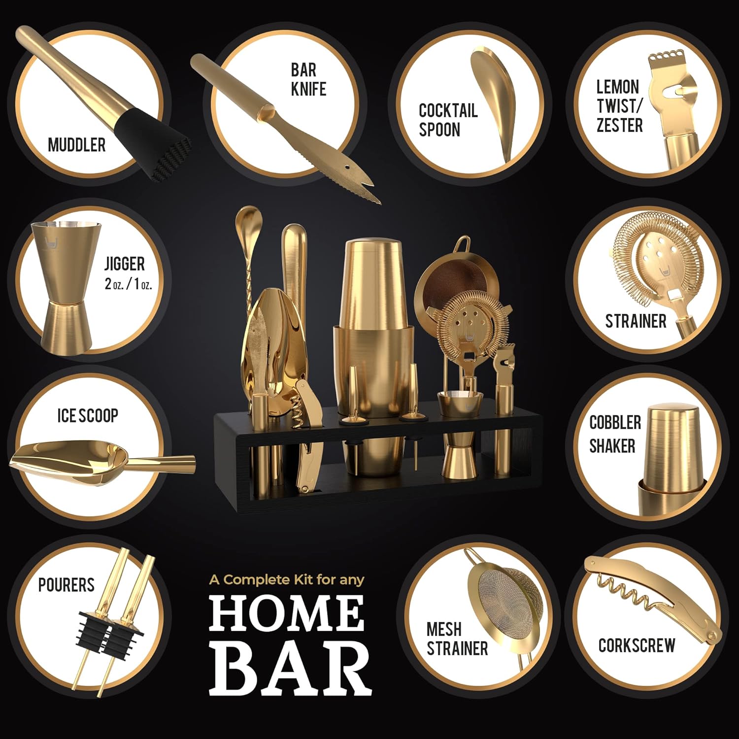 Highball & Chaser Bartender Kit with Black Bamboo Stand Beautiful Cocktail Shaker Set and Bar Tools Stainless Steel Boston Shaker Bartender Kit with Stand (Antique Gold)2