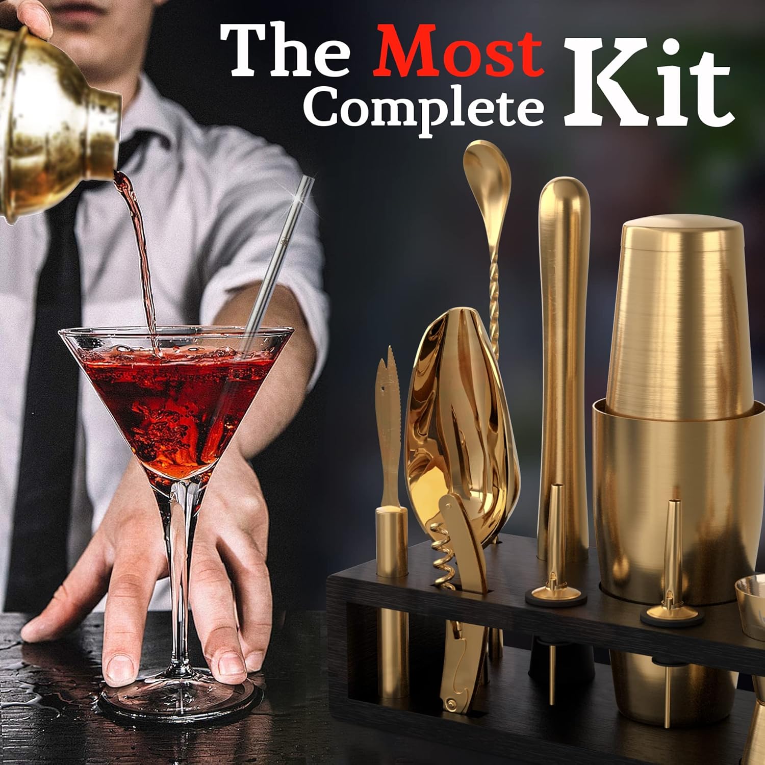 Highball & Chaser Bartender Kit with Black Bamboo Stand Beautiful Cocktail Shaker Set and Bar Tools Stainless Steel Boston Shaker Bartender Kit with Stand (Antique Gold)4