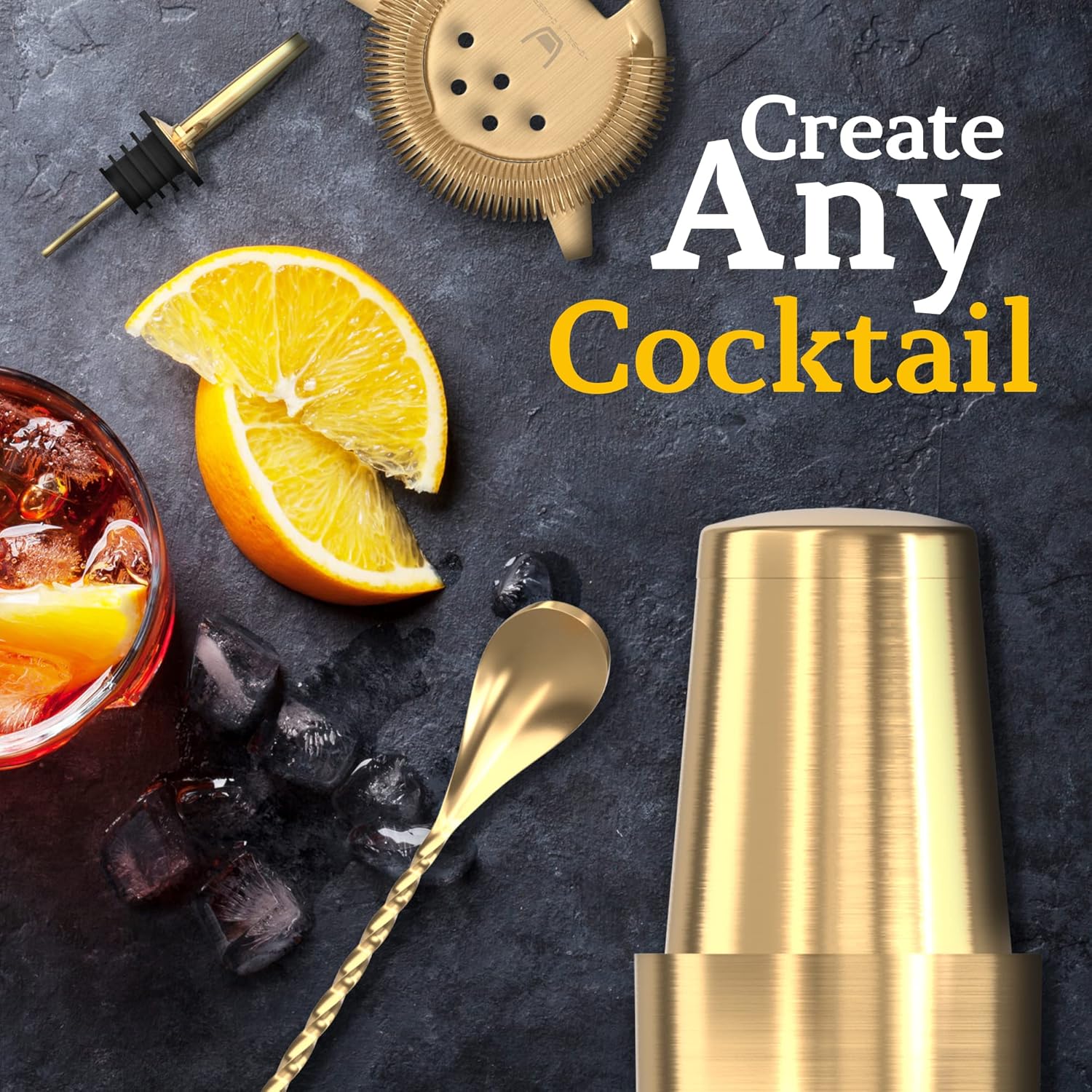 Highball & Chaser Bartender Kit with Black Bamboo Stand Beautiful Cocktail Shaker Set and Bar Tools Stainless Steel Boston Shaker Bartender Kit with Stand (Antique Gold)7