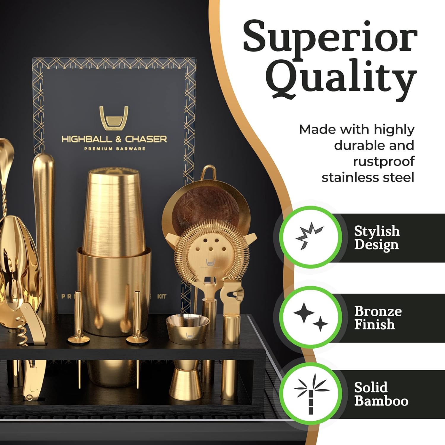 Highball & Chaser Bartender Kit with Black Bamboo Stand Beautiful Cocktail Shaker Set and Bar Tools Stainless Steel Boston Shaker Bartender Kit with Stand (Antique Gold)9