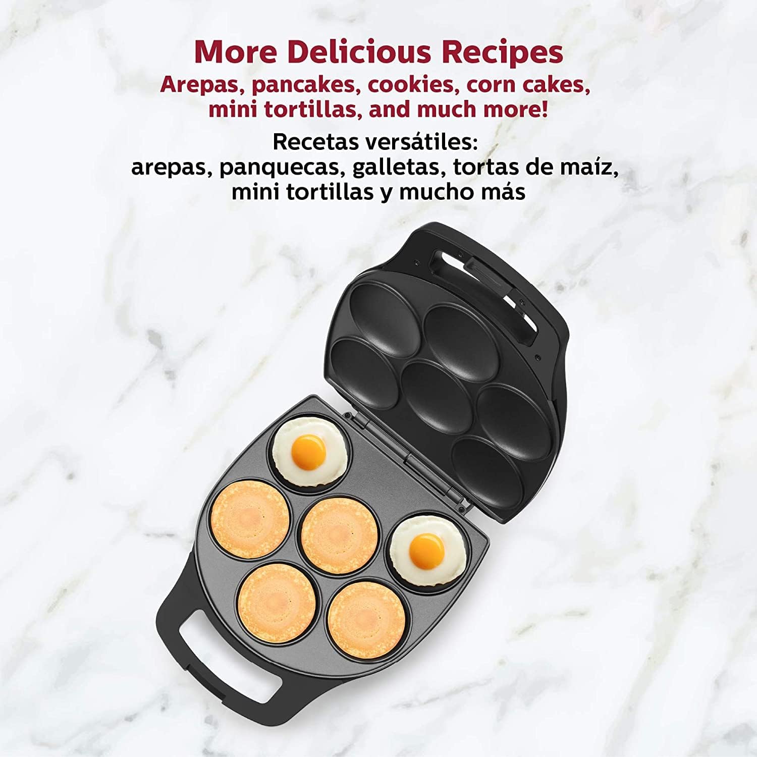 Holstein Housewares Non-Stick 6-Section Multi-Food Maker - Arepas, Mini Pancakes, Corncakes and More, 6-PC, Matte Black7