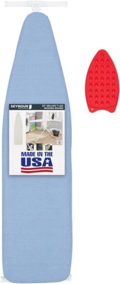 Ironing Board Full Size; Made in USA by Seymour Home Products (Light Blue) Bundle Includes Cover, Pad, and Silicone Iron Rest | Iron Board w/Steel T-Legs Adjustable from Tabletop up to 35" High
