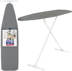 Ironing Board Full Size; Made in USA by Seymour Home Products (Solid Grey) Bundle Includes Cover + Pad | Iron Board w/Steel T-Legs Adjustable Tabletop up to 35" High; Perforated Top for Steam Flow