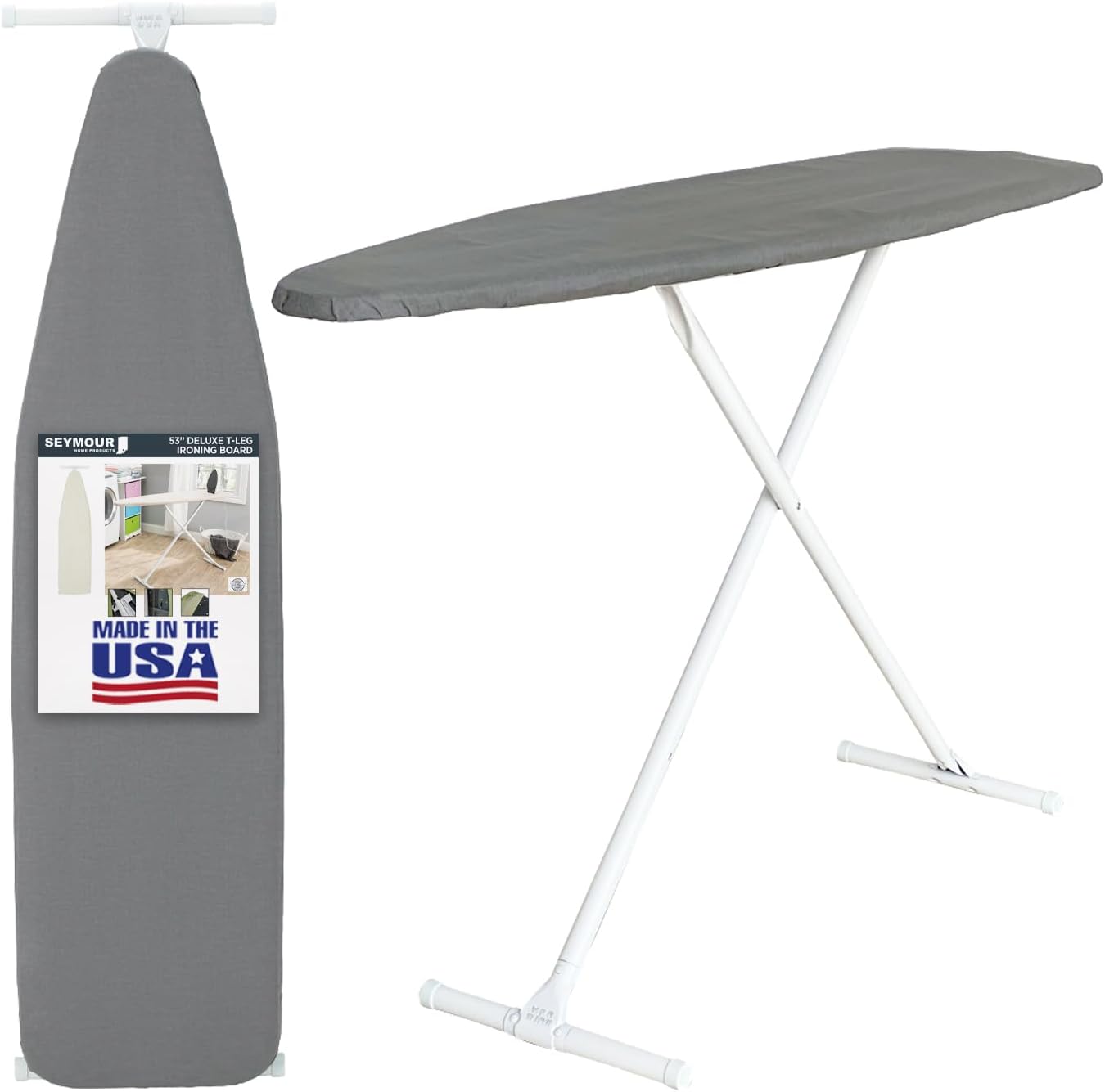 Ironing Board Full Size; Made in USA by Seymour Home Products (Solid Grey) Bundle Includes Cover + Pad Iron Board w Steel T-Legs Adjustable Tabletop up to 35 High; Perforated Top for Steam Flow Ironing Board Full Size; Made in USA by Seymour Home Products (Solid Grey) Bundle Includes Cover + Pad | Iron Board w/Steel T-Legs Adjustable Tabletop up to 35" High; Perforated Top for Steam Flow