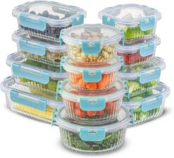 JoyJolt 24pc Fluted Glass Storage Containers with Lids. 12 Airtight, Freezer Safe Food Storage Containers, Pantry Kitchen Storage Containers, Glass Meal Prep Containers for Lunch