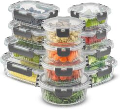JoyJolt 24pc Fluted Glass Storage Containers with Lids. 12 Airtight, Freezer Safe Food Storage Containers, Pantry Kitchen Storage Containers, Glass Meal Prep Containers for Lunch, Gray