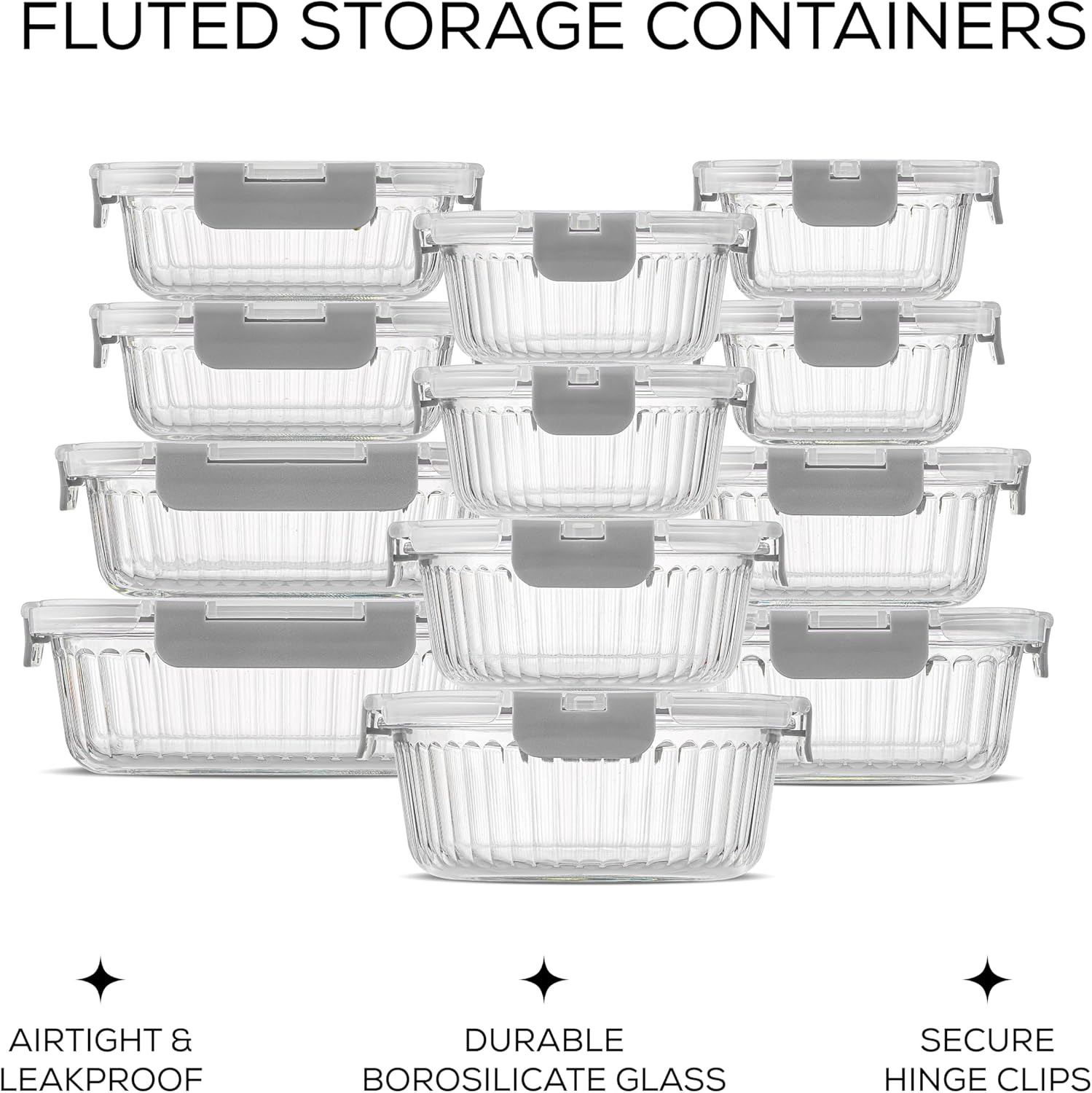JoyJolt 24pc Fluted Glass Storage Containers with Lids. 12 Airtight, Freezer Safe Food Storage Containers, Pantry Kitchen Storage Containers, Glass Meal Prep Containers for Lunch, Gray1
