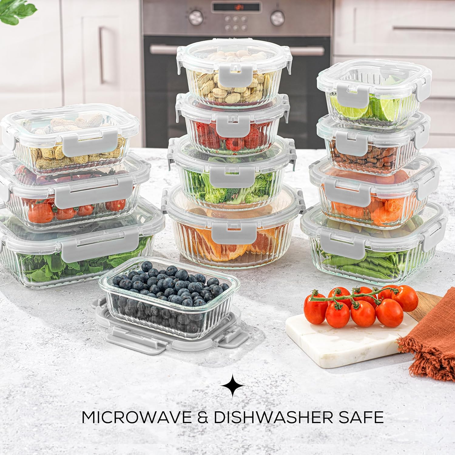 JoyJolt 24pc Fluted Glass Storage Containers with Lids. 12 Airtight, Freezer Safe Food Storage Containers, Pantry Kitchen Storage Containers, Glass Meal Prep Containers for Lunch, Gray3
