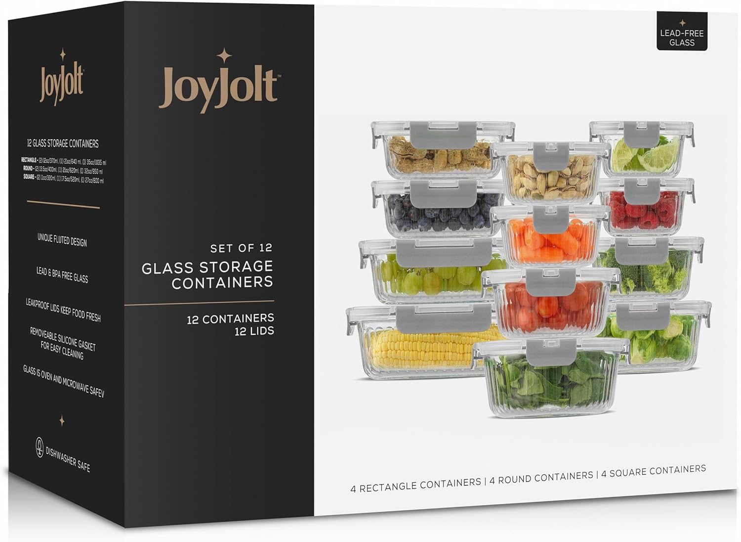 JoyJolt 24pc Fluted Glass Storage Containers with Lids. 12 Airtight, Freezer Safe Food Storage Containers, Pantry Kitchen Storage Containers, Glass Meal Prep Containers for Lunch, Gray9