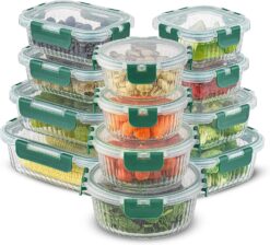 JoyJolt 24pc Fluted Glass Storage Containers with Lids. 12 Airtight, Freezer Safe Food Storage Containers, Pantry Kitchen Storage Containers, Glass Meal Prep Containers for Lunch, Green