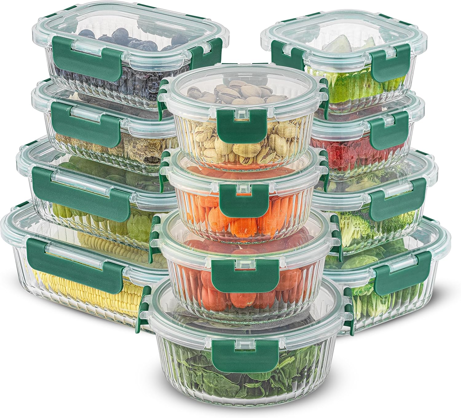 JoyJolt 24pc Fluted Glass Storage Containers with Lids. 12 Airtight, Freezer Safe Food Storage Containers, Pantry Kitchen Storage Containers, Glass Meal Prep Containers for Lunch, Green JoyJolt 24pc Fluted Glass Storage Containers with Lids. 12 Airtight, Freezer Safe Food Storage Containers, Pantry Kitchen Storage Containers, Glass Meal Prep Containers for Lunch, Green