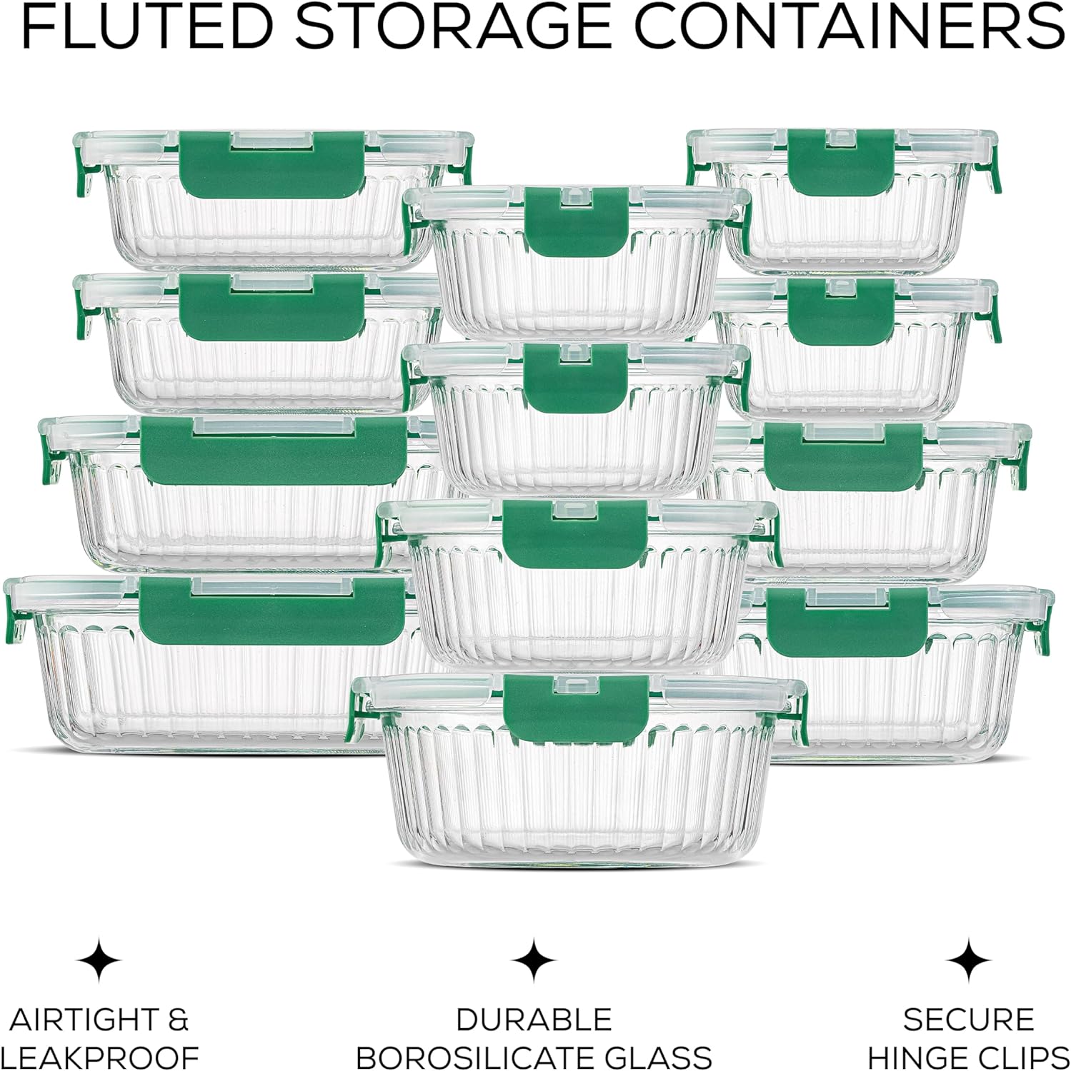 JoyJolt 24pc Fluted Glass Storage Containers with Lids. 12 Airtight, Freezer Safe Food Storage Containers, Pantry Kitchen Storage Containers, Glass Meal Prep Containers for Lunch, Green1