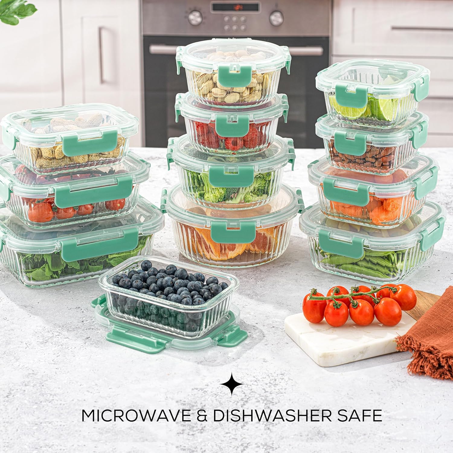 JoyJolt 24pc Fluted Glass Storage Containers with Lids. 12 Airtight, Freezer Safe Food Storage Containers, Pantry Kitchen Storage Containers, Glass Meal Prep Containers for Lunch, Green2