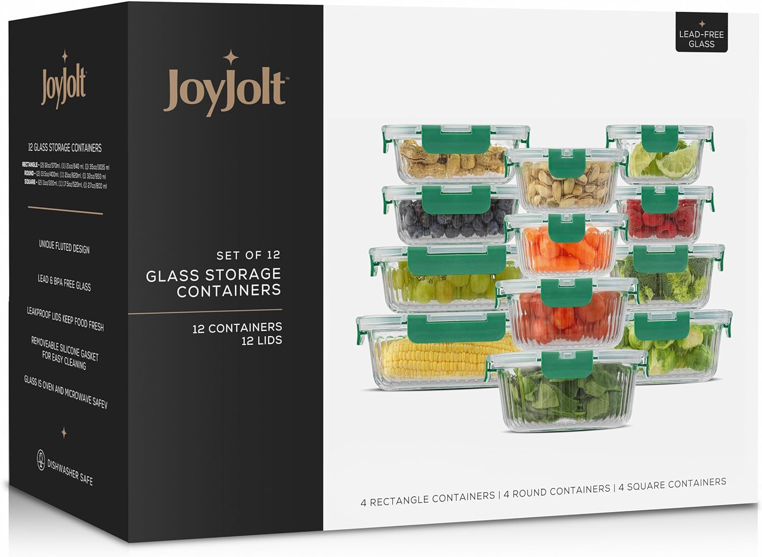 JoyJolt 24pc Fluted Glass Storage Containers with Lids. 12 Airtight, Freezer Safe Food Storage Containers, Pantry Kitchen Storage Containers, Glass Meal Prep Containers for Lunch, Green7