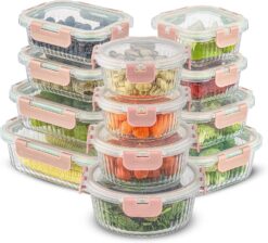 JoyJolt 24pc Fluted Glass Storage Containers with Lids. 12 Airtight, Freezer Safe Food Storage Containers, Pantry Kitchen Storage Containers, Glass Meal Prep Containers for Lunch, Pink