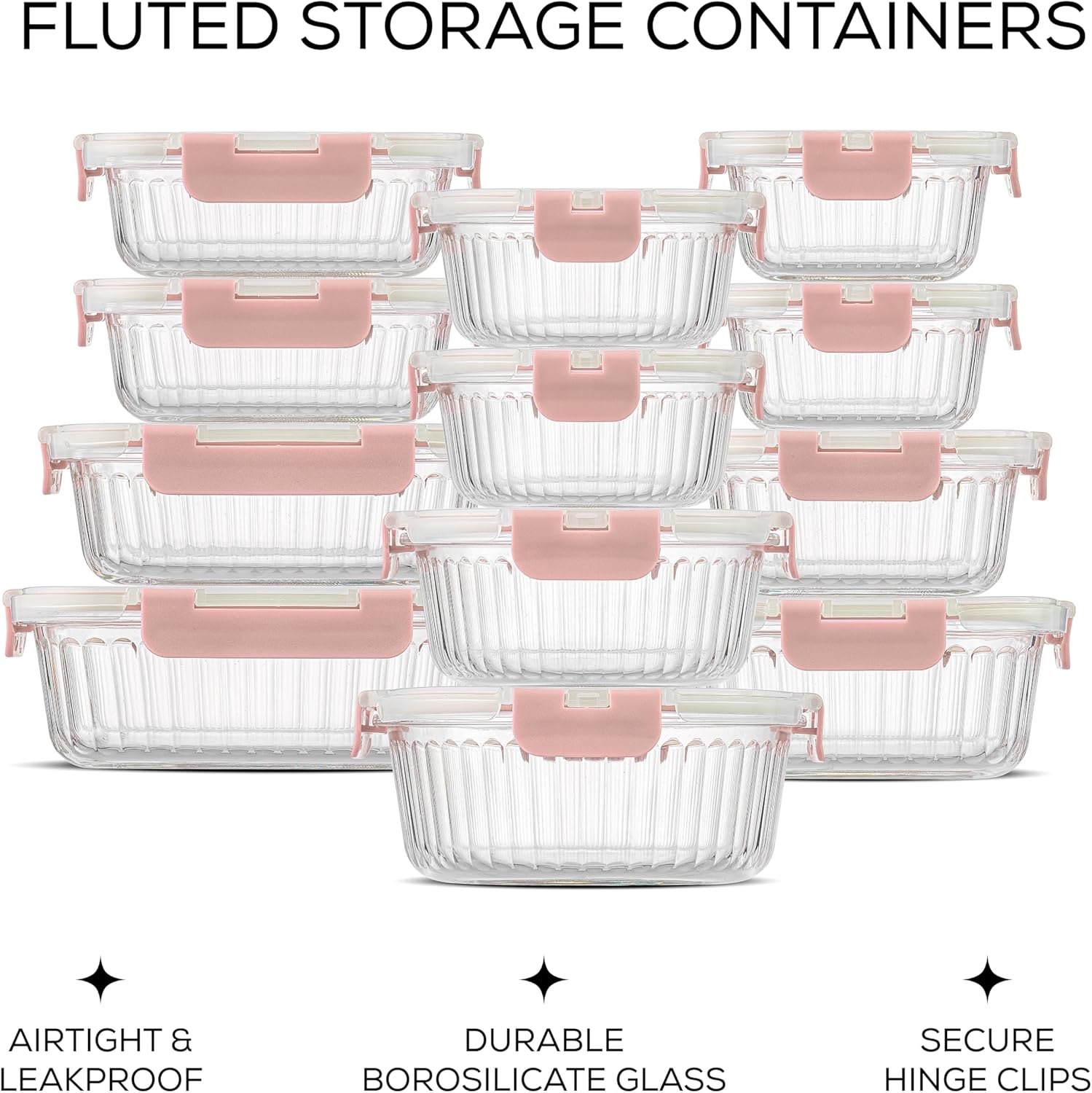 JoyJolt 24pc Fluted Glass Storage Containers with Lids. 12 Airtight, Freezer Safe Food Storage Containers, Pantry Kitchen Storage Containers, Glass Meal Prep Containers for Lunch, Pink1