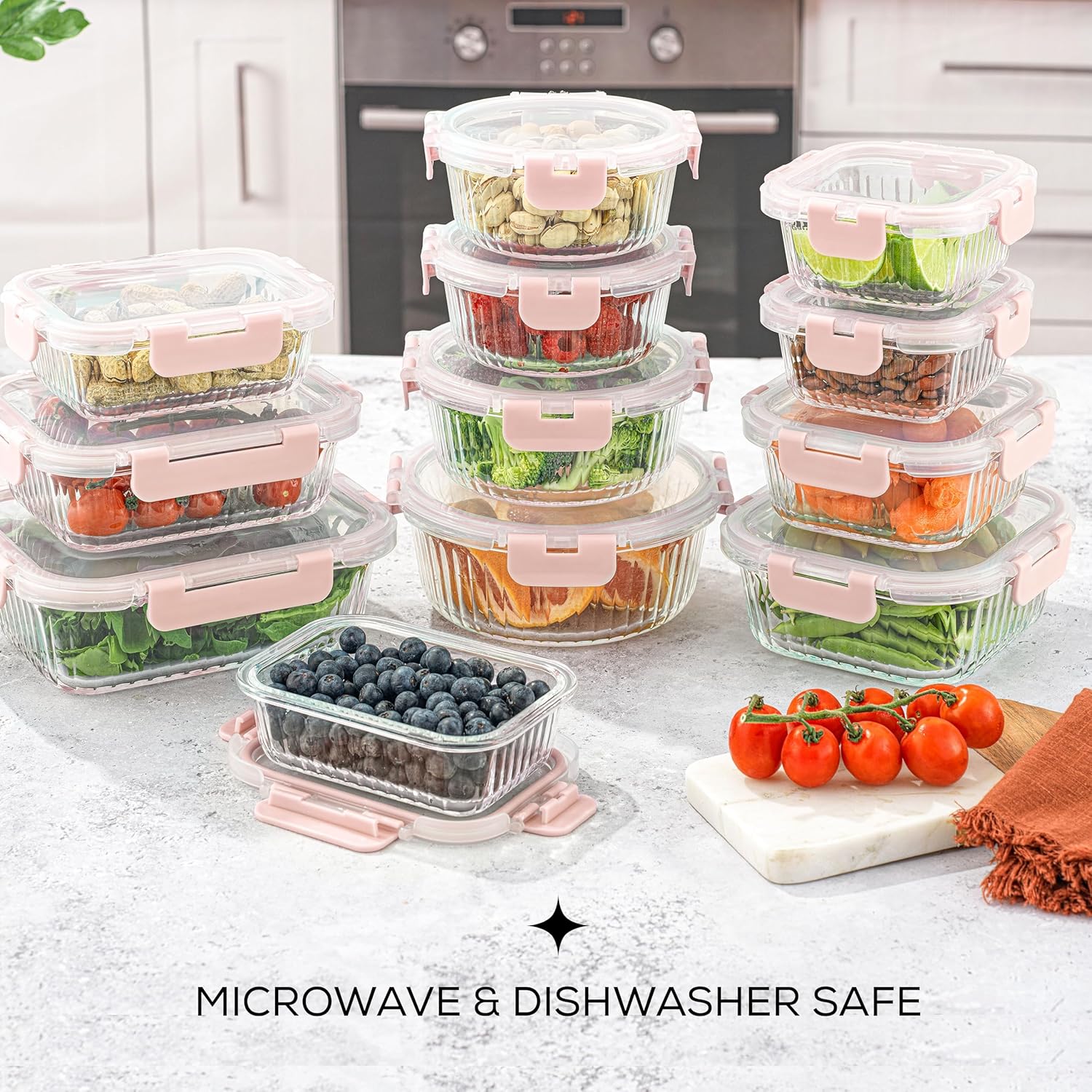 JoyJolt 24pc Fluted Glass Storage Containers with Lids. 12 Airtight, Freezer Safe Food Storage Containers, Pantry Kitchen Storage Containers, Glass Meal Prep Containers for Lunch, Pink3