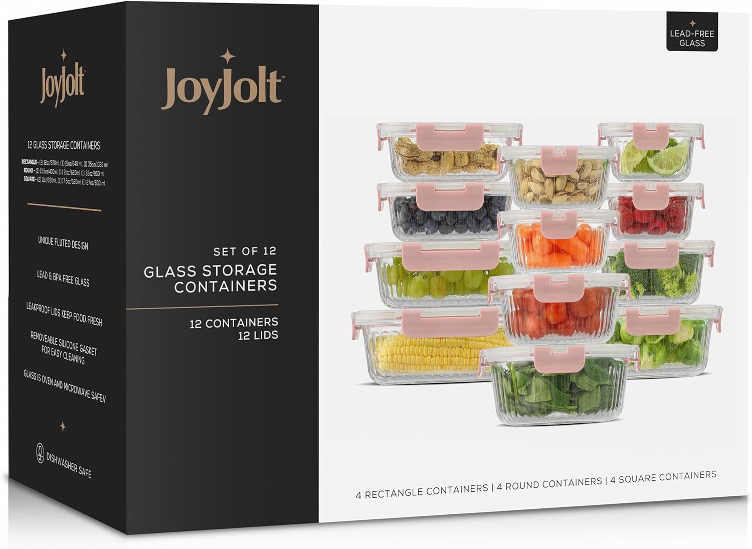JoyJolt 24pc Fluted Glass Storage Containers with Lids. 12 Airtight, Freezer Safe Food Storage Containers, Pantry Kitchen Storage Containers, Glass Meal Prep Containers for Lunch, Pink5