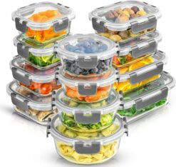 JoyJolt JoyFul 24pc Borosilicate Glass Storage Containers with Lids. 12 Airtight, Freezer Safe Food Storage Containers, Pantry Kitchen Storage Containers, Glass Meal Prep Container for Lunch, Grey