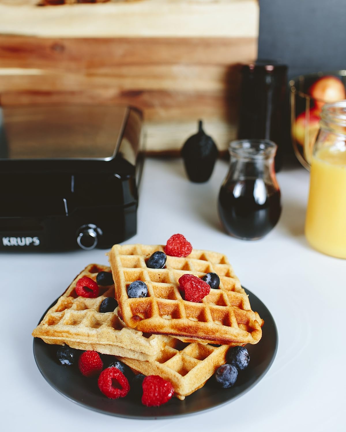 KRUPS Waffle Maker, Stainless Steel, 4 Slices, 1200 Watts Square, 5 Browning Levels, Removable Plates, Dishwasher Safe, Belgian Waffle Silver and Black0o