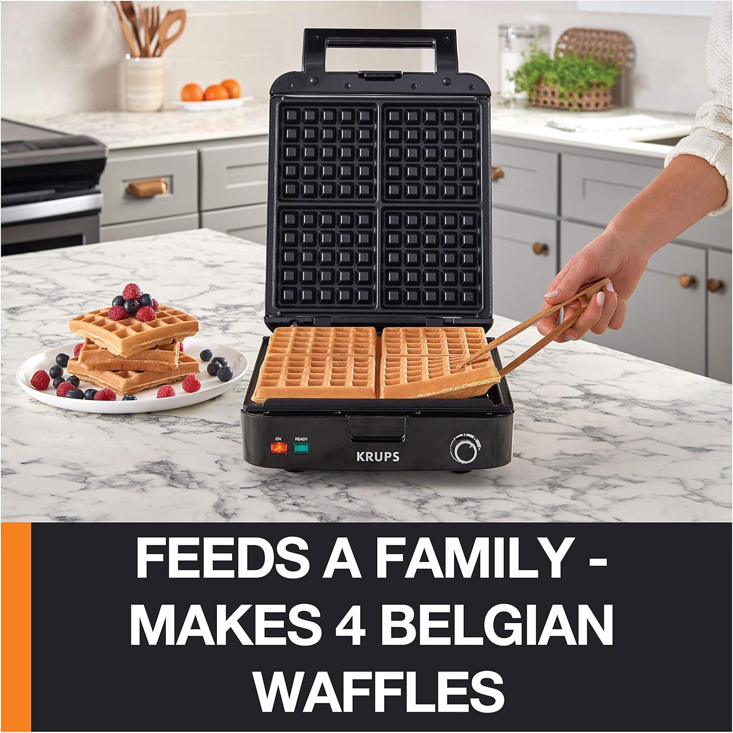 KRUPS Waffle Maker, Stainless Steel, 4 Slices, 1200 Watts Square, 5 Browning Levels, Removable Plates, Dishwasher Safe, Belgian Waffle Silver and Black1