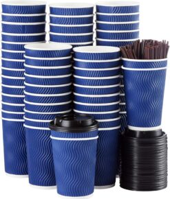 Kindpack Disposable Coffee Cups with Lids and Straws 12 oz (90 Set) - Hot Paper Coffee Togo Cup with Lid To Go for Hot/Cold Beverages Espresso Tea Water Insulated Reusable Durable Drinks Ripple Cups