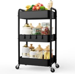 LEHOM 3 Tier Rolling Utility Cart, Metal Trolley Cart with Wheels, Hooks, Easy Assembly Organizer Storage Cart for Bathroom, Kitchen, Office, Bedroom(Black)