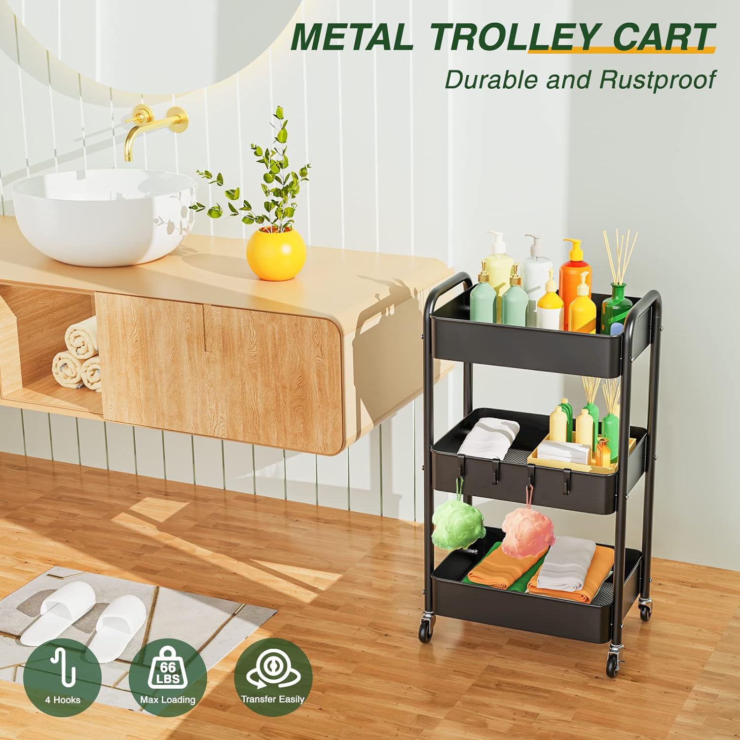 LEHOM 3 Tier Rolling Utility Cart, Metal Trolley Cart with Wheels, Hooks, Easy Assembly Organizer Storage Cart for Bathroom, Kitchen, Office, Bedroom(Black)1