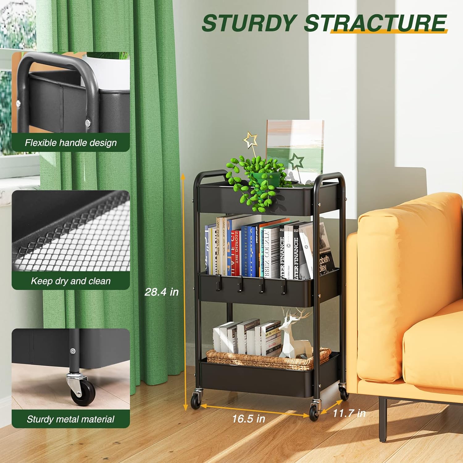 LEHOM 3 Tier Rolling Utility Cart, Metal Trolley Cart with Wheels, Hooks, Easy Assembly Organizer Storage Cart for Bathroom, Kitchen, Office, Bedroom(Black)3