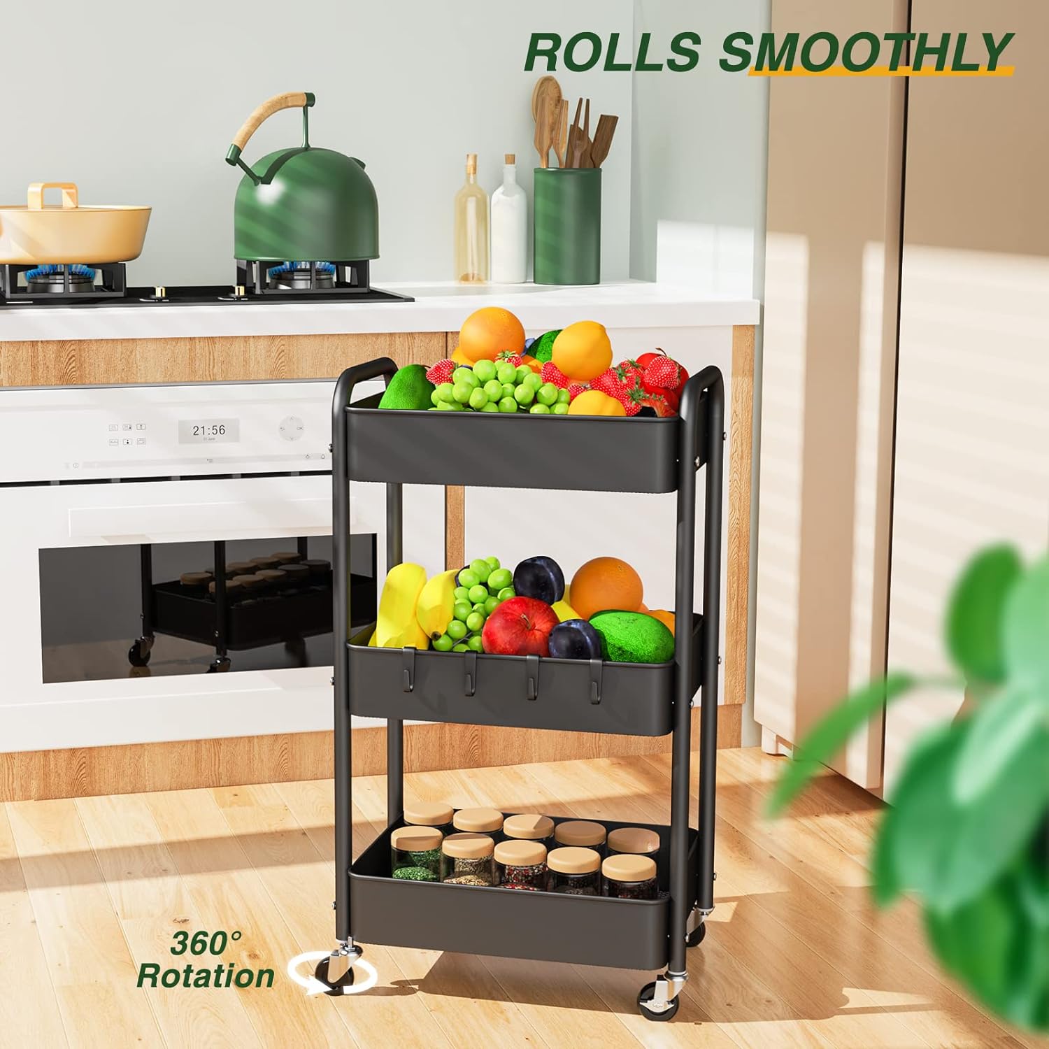 LEHOM 3 Tier Rolling Utility Cart, Metal Trolley Cart with Wheels, Hooks, Easy Assembly Organizer Storage Cart for Bathroom, Kitchen, Office, Bedroom(Black)5