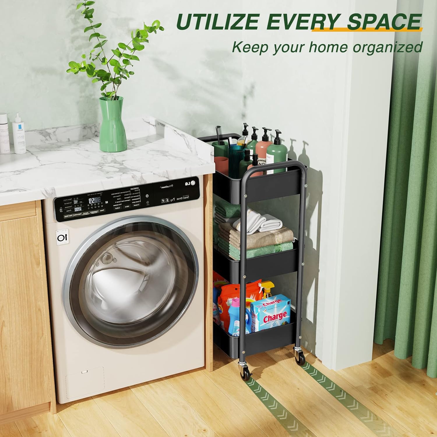 LEHOM 3 Tier Rolling Utility Cart, Metal Trolley Cart with Wheels, Hooks, Easy Assembly Organizer Storage Cart for Bathroom, Kitchen, Office, Bedroom(Black)7