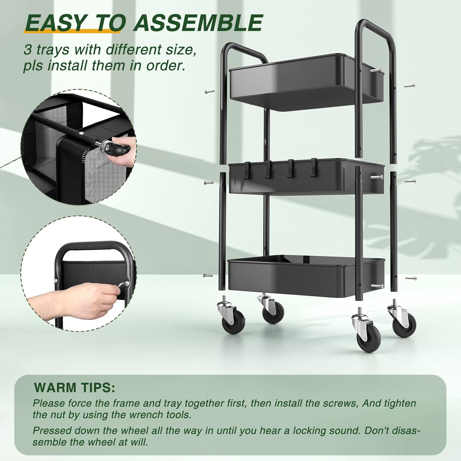 LEHOM 3 Tier Rolling Utility Cart, Metal Trolley Cart with Wheels, Hooks, Easy Assembly Organizer Storage Cart for Bathroom, Kitchen, Office, Bedroom(Black)8