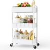 LEHOM 3 Tier Rolling Utility Cart, Metal Trolley Cart with Wheels, Hooks, Easy Assembly Organizer Storage Cart for Bathroom, Kitchen, Office, Bedroom(White)