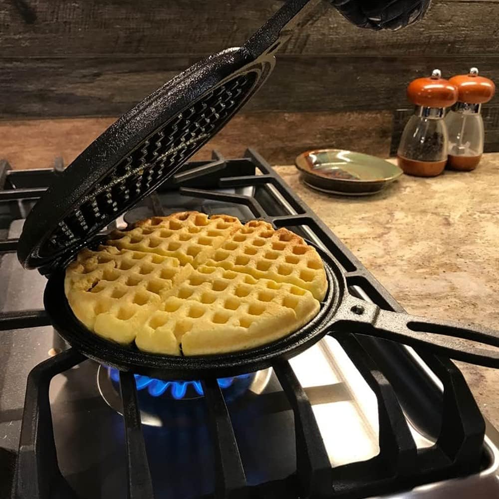 Lehman's Cast Iron Waffle Maker, Two Piece Hinged Non-Electric Waffle Iron for Stovetop or Grill Makes 7 Round Waffles, Non-Drip Double Rim, 8 pounds3