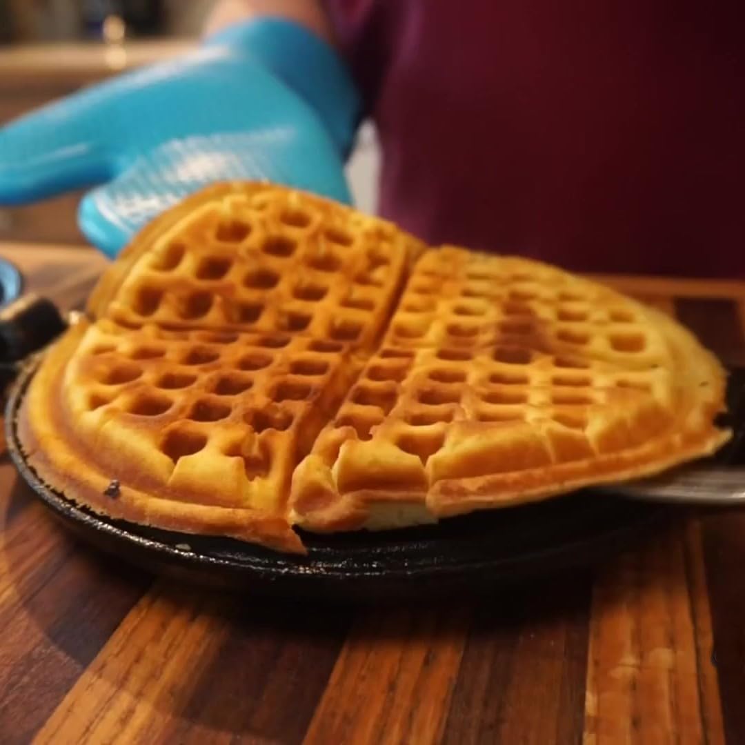Lehman's Cast Iron Waffle Maker, Two Piece Hinged Non-Electric Waffle Iron for Stovetop or Grill Makes 7 Round Waffles, Non-Drip Double Rim, 8 pounds6