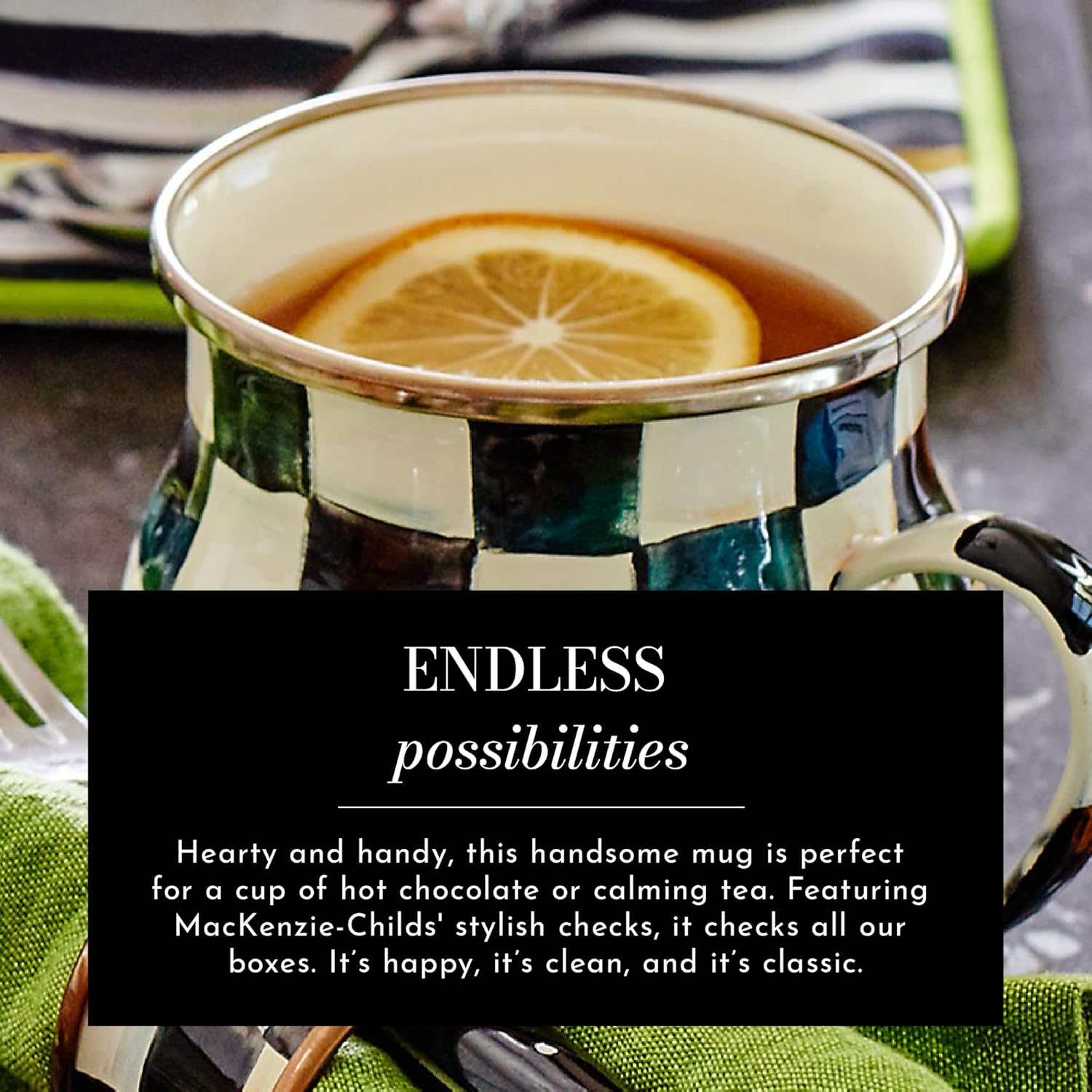 MACKENZIE-CHILDS Enamel Mug, Cute Enamelware Coffee Mug or Tea Mug, 16 Ounces, Unique Drinkware, Courtly Check1