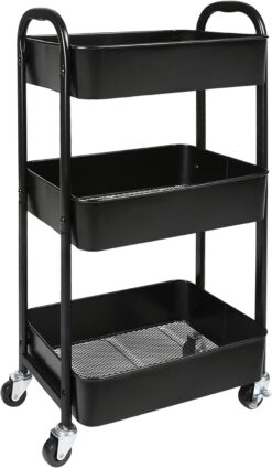 MAX Houser 3-Tier Rolling Utility Cart with Caster Wheels,Easy Assembly, for Kitchen, Bathroom (Black)