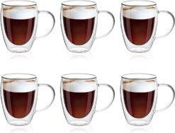 MEWAY 12oz/6 pack Coffee Mugs,Clear Glass Double Wall Cup with handle for Coffee, Tea, Latte, Cappuccino (12 oz，6)