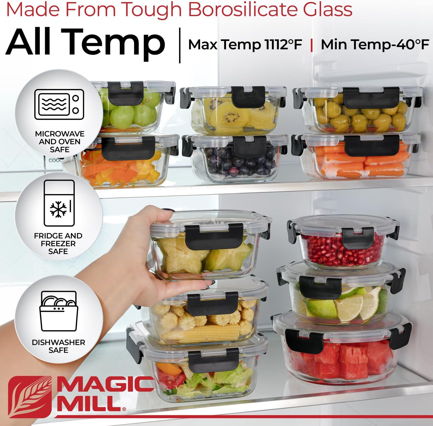 Magic Mill Glass Storage Containers with lids Set Ultimate 24pc Set with BPA-Free Airtight Locking Lids for Lunch, Food Storage, Meal Prep, Safe in Fridge, Freezer, Dishwasher Safe for Easy Clean1