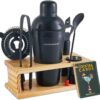 Mixology Bartender Kit - 8-Piece Black Matte Cocktail Shaker Set with Pine Wood Stand, Recipe Cards, and Bar Accessories Ideas