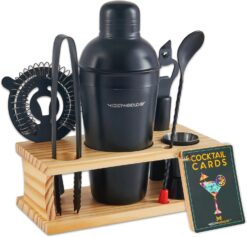 Mixology Bartender Kit - 8-Piece Black Matte Cocktail Shaker Set with Pine Wood Stand, Recipe Cards, and Bar Accessories Ideas