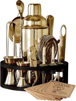 Mixology & Craft Bartender Kit - 15 Piece Set Including Cocktail Shaker and Bar Accessories, Perfect for Drink Mixing at Home, Plus Exclusive Recipe Cards, Gold, Black Bamboo