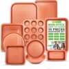 NutriChef 10-Piece Nonstick Oven Baking Pan Set - Premium Carbon Steel Bakeware w/Cookie Sheets, Loaf & Cupcake Pans, Perforated Crisper Pans, Round & Square Roasting Pans, Easy to Clean - Copper
