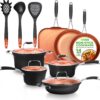 NutriChef 14-Piece Copper Non-Stick Cookware Set - Stackable Pots and Pans with Lids, 3-Layer Coating, All Cooktop Compatible, Healthy Food-Grade Copper