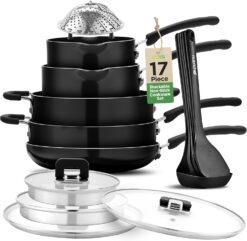 NutriChef 17pcs Stackable Pots and Pan, Stainless Steel Set Nonstick, Induction Cookware with Foldable Knob, Space Saving, Nylon Tools, Black, One Size
